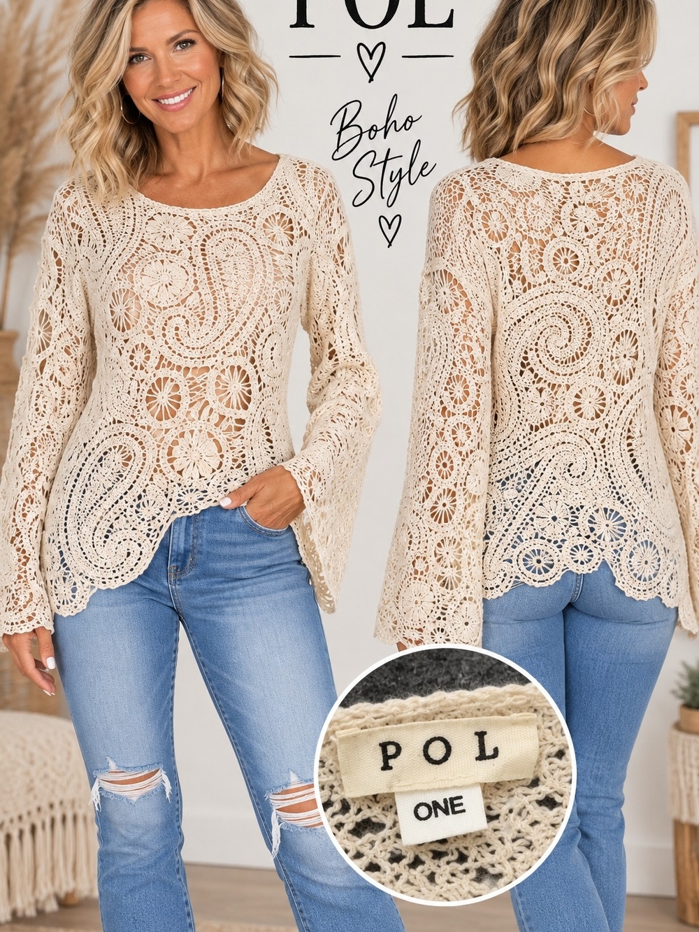 POL Women's Cream Crochet Boho Tunic Top
